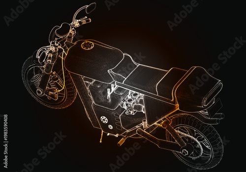 High detailed outline of a motorcycle showing its structure and design with bright colors on a dark background