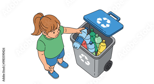 a young girl putting recyclables in a recycling bin.