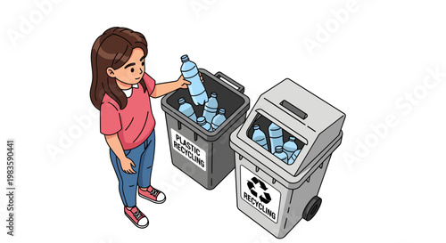 a woman putting a plastic bottle into recycling bin.