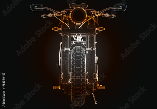 High detailed outline of a motorcycle showing its structure and design with bright colors on a dark background