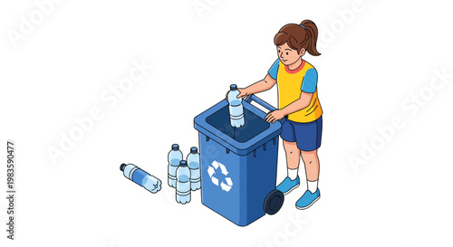 a woman putting a plastic bottle into a recycling bin.