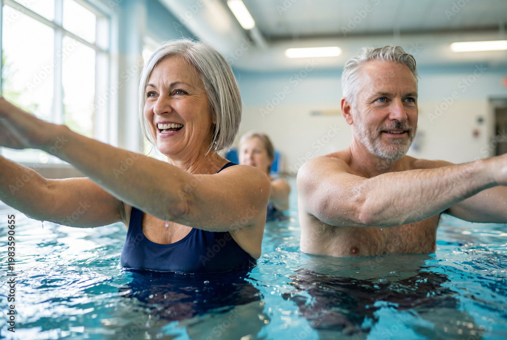Fototapeta premium Happy senior couple exercising in swimming pool during aqua gym class