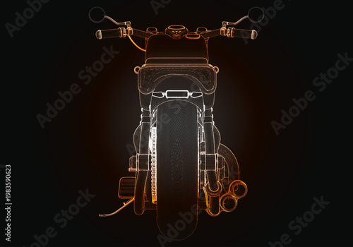 High detailed outline of a motorcycle showing its structure and design with bright colors on a dark background