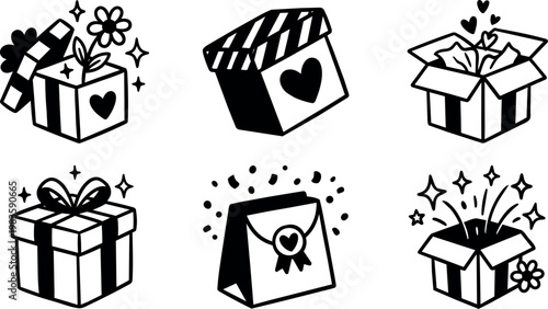 Black and white gift box and present bag icons with hearts and sparkles