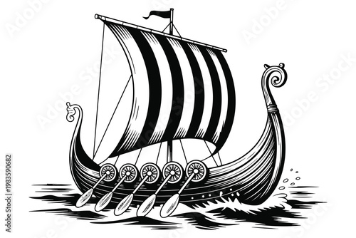 Black and white viking ship sailing on water with striped sail and shields longboat