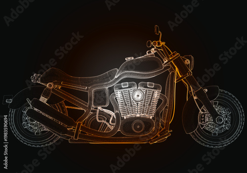 High detailed outline of a motorcycle showing its structure and design with bright colors on a dark background