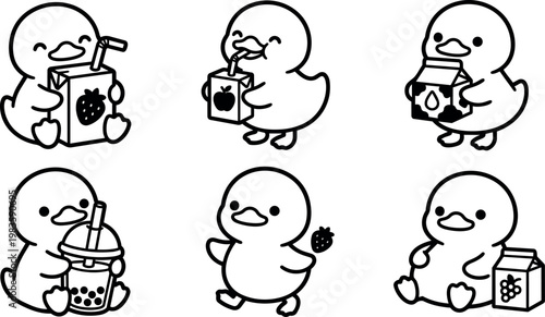 Cute cartoon duck drinking juice and holding fruits black and white line art