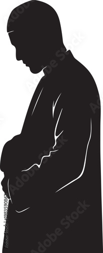 Black silhouette of a man with head bowed in prayer wearing traditional clothing isolated on a solid white background
