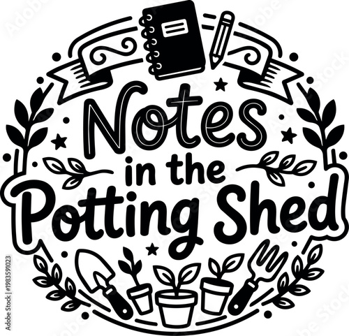 Black and white notes in the potting shed garden tools and plants vector art