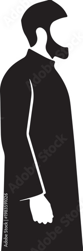 Black silhouette of a bearded man wearing a traditional kufi cap and robe standing in profile isolated on white background