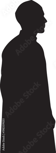 Black silhouette of a man in traditional attire standing in profile view isolated on a solid white background surface