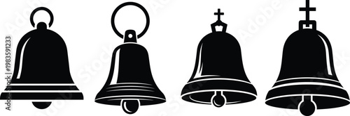 Four black silhouette bells a collection of vintage church and signaling instruments