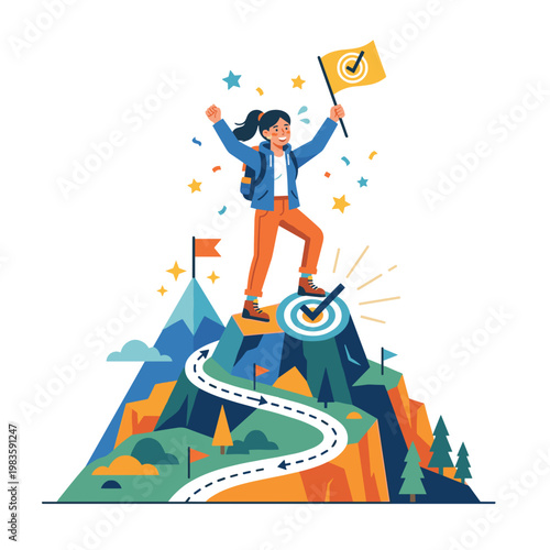 A triumphant woman stands on a mountain peak holding a flag.