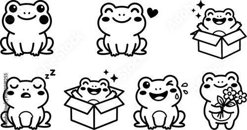 Black and white cute frog set with expressions and flowers vector art