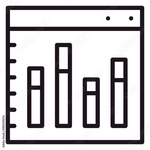 Schilderij op canvas Minimalist black line vector icon of a web browser dashboard featuring a bar chart for data visualization, analytics, and business statistics reporting, clean scalable graphic illustration