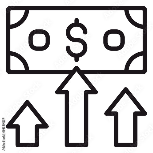 Obraz na płótnie Financial growth and profit increase vector icon illustration featuring a dollar banknote with three upward arrows, symbol for rising income, economic success, investment return, and inflation