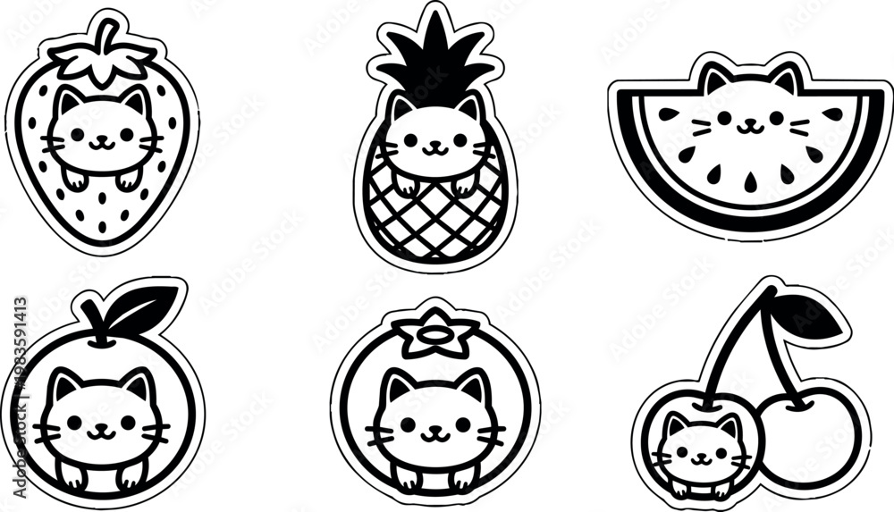Obraz premium Black and white kawaii cats inside fruit shapes vector art