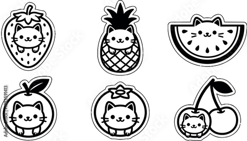 Black and white kawaii cats inside fruit shapes vector art