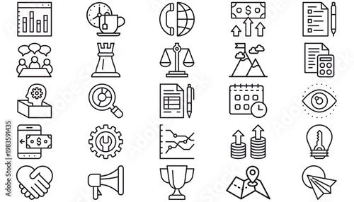 25 Minimalist Black Vector Icon Set Collection Bundle for Business Finance Marketing and Technology. Symbols for Growth Analytics Success Communication Teamwork Strategy and Data Analysis.