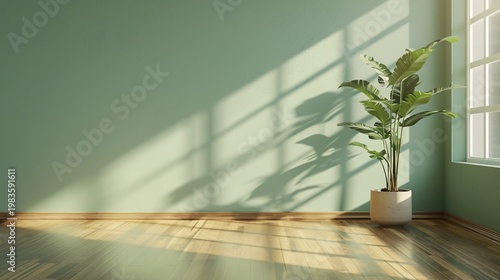 Minimal green room interior with plant wooden floor and window light shadow aesthetic background
