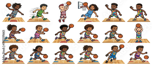 premium set of 18 unique cartoon basketball player icons with diverse characters and action poses