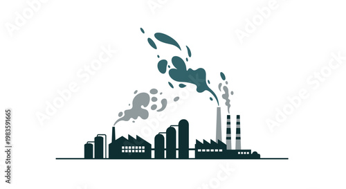 A dark silhouette of a sprawling industrial manufacturing plant features multiple chimneys releasing thick organic plumes of dark smoke against a white background.