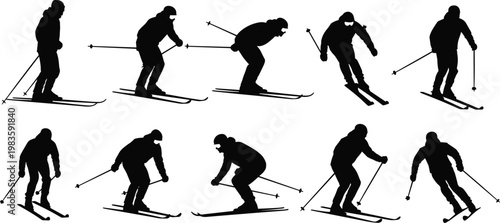 Skiing Silhouette Icon Set Featuring Various Skiing Poses for Winter Sports, Skiing Technique, and Outdoor Activity Concepts