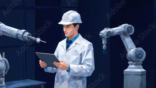 Engineer in lab coat working with robotic arms and digital tablet.