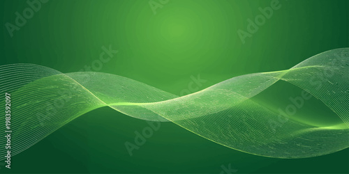 Abstract green background with flowing waves and light green lines featuring an eco nature design and motion energy curves for a vector texture wallpaper pattern background