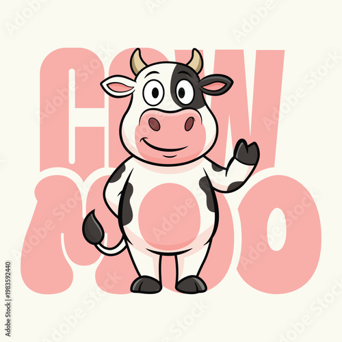 Cartoon Style Funny Cow Character with Pink Moo Text Illustration