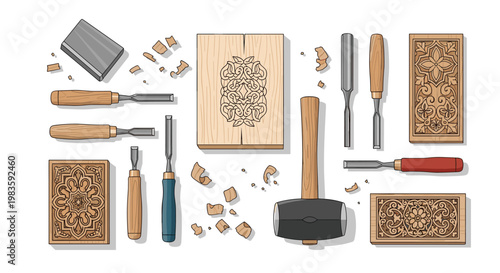 This comprehensive flat lay illustration showcases a professional set of woodworking chisels alongside a wooden mallet and intricately carved floral timber panels.