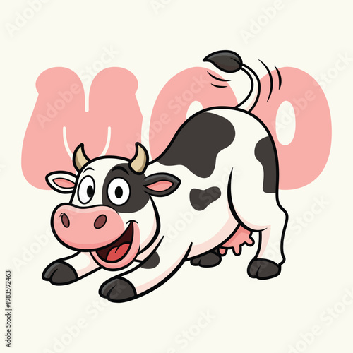 Cheerful Cartoonish Spotted Cow Illustration With MOO Letters Background