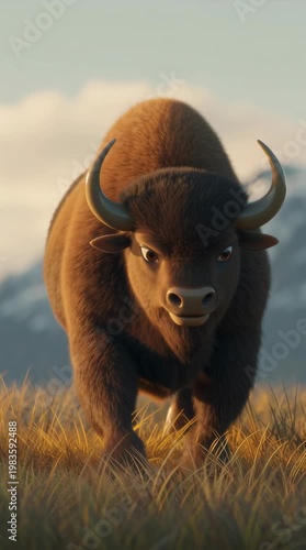 Bison charging across open meadow north america wildlife natural habitat dynamic scene