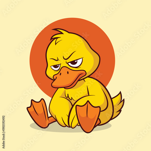 Cartoon Grumpy Duck Illustration with Angry Expression Sitting Down Mascot Character