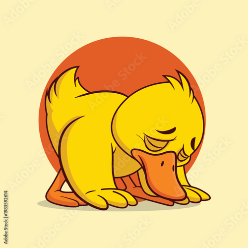 Cartoon Style Depressed Duck Sitting Down Sad Animal Illustration