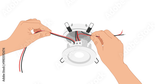 Skilled hands perform precise electrical work by connecting red and black insulated wires to a white recessed ceiling light fixture for home renovation.