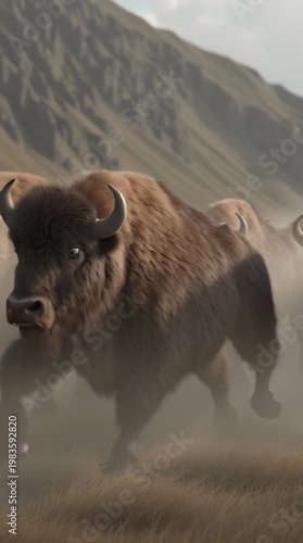 Bison stampede in the wild north american plains nature scene dramatic landscape