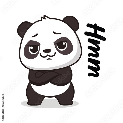 Cute Cartoon Panda Character With Arms Crossed and Hmmm Text Element