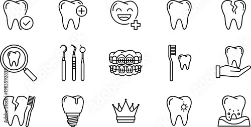 Dental care icons set with teeth braces toothbrush implant oral hygiene medical line vector illustration