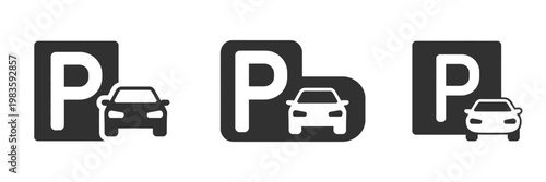 Parking location icons collection, car parking space signs with directional indicators for maps, navigation apps, city transport systems and modern minimal outline graphic