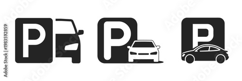 Car parking icon set, parking space sign symbols and location indicators for navigation, transport guidance, public parking areas and urban mobility interface in clean line style.