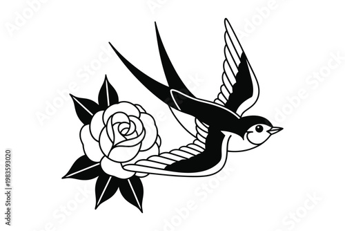 Black swallow in flight holding a white rose in its beak bird black bird