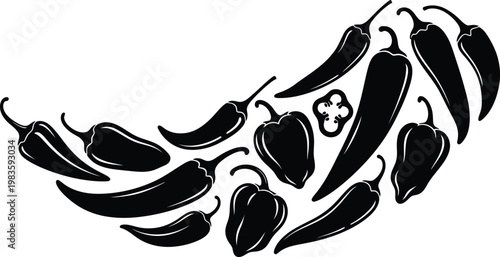 Collection of various black chili peppers