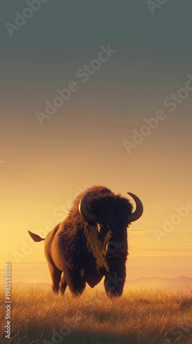 Bison leaping across open plains nature scene wildlife sunset glow