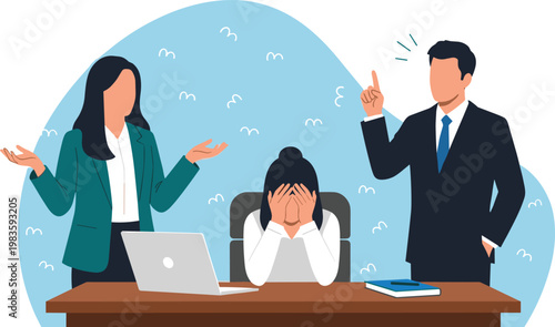 Office Stress Illustration Featuring a Frustrated Employee with Two Colleagues Arguing in a Workplace Environment