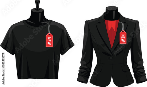 Fashion Clothing Illustration Featuring a T-Shirt and Blazer with 'NEW' Price Tags for Retail and Clothing Promotions