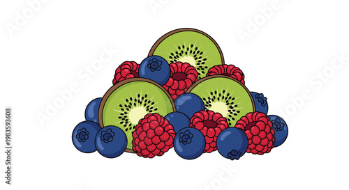 A delicious pile of fresh summer fruits including sliced green kiwi and ripe red raspberries is arranged in a compact mound on a clean white background surface for a healthy snack.