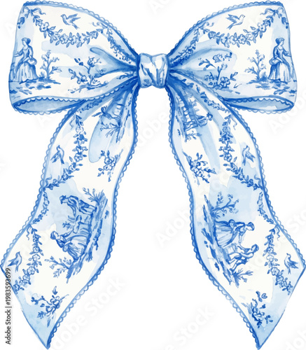 Blue Watercolor Toile Coquette Bow on a white background