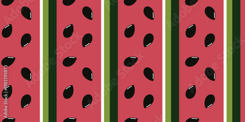 Seamless watermelon pattern with red fruit texture black seeds and green rind stripes bright summer background