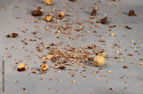 nut and chocolate crumbs scattered on the surface